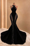 Pretty Sparkly Mermaid Halter Beads Black Prom Dress Long Graduation Dress HZ1214