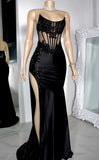 Pretty Sparkly Mermaid Strapless Black Lace Prom Dress With Slit Black Girl Graduation Dress HZ1214