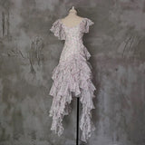 Niulatu A Line Scoop Short Sleeves Floral Ruffles Prom Dresses Birthday Dress For Women SD253