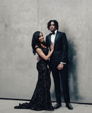 Pretty Sparkly Mermaid Off The Shoulder Sequin Slit Black Prom Dresses Graduation Dress HZ1214