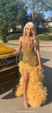 Gorgeous Mermaid Gold Beads Ruffles Tulle Long Prom Dress Party Dress Graduation Dresses HZ1214