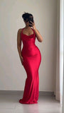 Pretty Mermaid Halter Red Satin Prom Dresses Black Girl Graduation Dress HZ1214