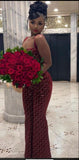 Pretty Mermaid Straps Wine Red Velvet Long Prom Dresses Black Girl Graduation Dress HZ1214