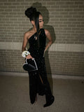 Pretty Mermaid One Shoulder Sequin Black Long Prom Dresses Black Girl Graduation Dress HZ1214
