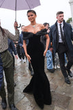 Pretty Mermaid Off The Shoulder Satin Black Long Prom Dresses Black Girl Graduation Dress HZ1214
