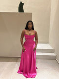 Pretty Mermaid Spaghetti Straps Pink Satin Long Prom Dresses Black Girl Graduation Dress HZ1214