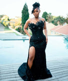 Gorgeous Mermaid Strapless Black Sequin Slit Long Prom Dress Party Dress Graduation Dresses HZ1214
