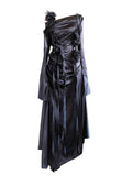 Niulatu A line Straps Black Long Prom Dresses Birthday Dress With Sleeves SD255