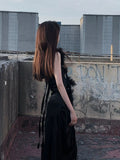 Niulatu A line Straps Black Long Prom Dresses Birthday Dress With Sleeves SD255