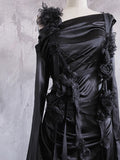 Niulatu A line Straps Black Long Prom Dresses Birthday Dress With Sleeves SD255