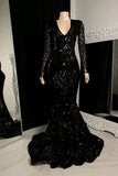 Gorgeous Mermaid V Neck Black Sequin Long Sleeves Birthday Dress Prom Dress Graduation Dresses HZ1214