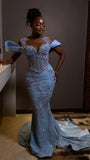 Sexy Mermaid Sweetheart Black Girl Sequin Blue Long Birthday Dress Prom Dress Graduation Dresses HZ1214