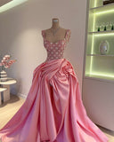 Sexy Ball Gown Straps Pink Satin Ruffles Long Birthday Dress Prom Dress Graduation Dresses HZ1214