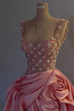 Sexy Ball Gown Straps Pink Satin Ruffles Long Birthday Dress Prom Dress Graduation Dresses HZ1214