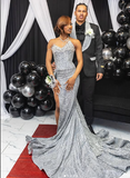 Gorgeous Mermaid Strapless Black Girl Silver Sequin Slit Long Birthday Dress Prom Dress Graduation Dresses HZ1214