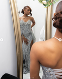 Gorgeous Mermaid Strapless Black Girl Silver Sequin Slit Long Birthday Dress Prom Dress Graduation Dresses HZ1214