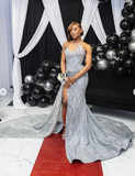 Gorgeous Mermaid Strapless Black Girl Silver Sequin Slit Long Birthday Dress Prom Dress Graduation Dresses HZ1214