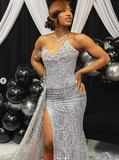 Gorgeous Mermaid Strapless Black Girl Silver Sequin Slit Long Birthday Dress Prom Dress Graduation Dresses HZ1214