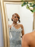 Gorgeous Mermaid Strapless Black Girl Silver Sequin Slit Long Birthday Dress Prom Dress Graduation Dresses HZ1214