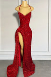 Sexy Mermaid Halter Red Sequin Slit Long Birthday Dress Prom Dress Graduation Dresses HZ1214