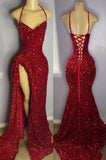 Sexy Mermaid Halter Red Sequin Slit Long Birthday Dress Prom Dress Graduation Dresses HZ1214