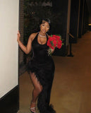 Gorgeous High Low Halter Black Girl Black Satin 21st Birthday Dress Prom Dress Graduation Dresses HZ1214