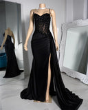 Gorgeous Mermaid Straps Black Satin Slit 23rd Birthday Dress Prom Dress Birthday Outfits For Women HZ1214