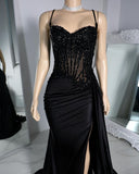 Gorgeous Mermaid Straps Black Satin Slit 23rd Birthday Dress Prom Dress Birthday Outfits For Women HZ1214
