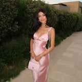 Sexy Sheath Straps Pink Satin Long Birthday Dress Birthday Outfits Graduation Dresses HZ1214