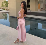 Sexy Sheath Straps Pink Satin Long Birthday Dress Birthday Outfits Graduation Dresses HZ1214