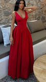 Sexy A line V Neck Red Long Birthday Dress Birthday Outfits Graduation Dresses HZ1214