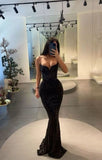 Sexy Mermaid Straps Black Sequin Long Birthday Dress Birthday Outfits Graduation Dresses HZ1214
