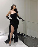 Sexy Mermaid Strapless Black Sequin Slit Long Birthday Dress Birthday Outfits Graduation Dresses HZ1214