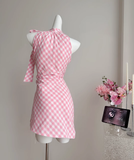 Niulatu Neck Off Shoulder Pink Plaid Sleeveless Dress Irregular Bow Holiday Dresses SD258