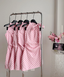 Niulatu Neck Off Shoulder Pink Plaid Sleeveless Dress Irregular Bow Holiday Dresses SD258