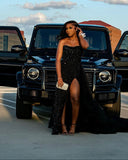 Pretty Mermaid Sweetheart Black Sequin Slit Long Prom Dresses Graduation Dress Evening Gowns HZ1214