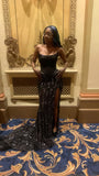 Pretty Mermaid Strapless Black Sequin Slit Long Prom Dresses Graduation Dress Evening Gowns HZ1214