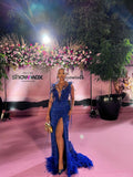 Gorgeous Mermaid V Neck Slit Royal Blue Sequin Long Prom Dress Party Dress Graduation Dresses HZ1214