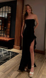 Sexy Mermaid Strapless Black Satin Slit Long Birthday Dress Birthday Outfits Graduation Dresses HZ1214