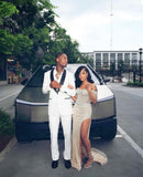 Pretty Mermaid Strapless Champagne Sequin Slit Long Prom Dresses Graduation Dress Evening Gowns HZ1214