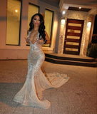 Pretty Mermaid V Neck Champagne Sequin Long Prom Dresses Graduation Dress Evening Gowns HZ1214