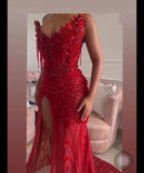 Gorgeous Mermaid V Neck Red Slit Sequin Long Prom Dress Party Dress Graduation Dresses HZ1214
