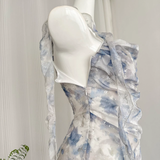 Niulatu Straps Sleeveless Floral Blue Dress Short Holiday Dresses SD260