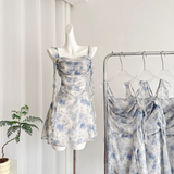 Niulatu Straps Sleeveless Floral Blue Dress Short Holiday Dresses SD260