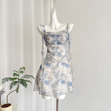 Niulatu Straps Sleeveless Floral Blue Dress Short Holiday Dresses SD260