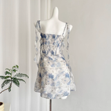 Niulatu Straps Sleeveless Floral Blue Dress Short Holiday Dresses SD260