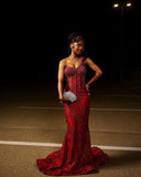 Sexy Mermaid One Shoulder Sequin Wine Red Long Birthday Dress Birthday Outfits Graduation Dresses HZ1214
