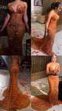 Pretty Mermaid Sweetheart Orange Sequin Black Girl Long Prom Dresses Graduation Dress Evening Gowns HZ1214
