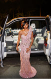 Sexy Mermaid One Shoulder Sequin Pink Long Birthday Dress Birthday Outfits Graduation Dresses HZ1214