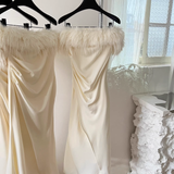 Niulatu Strapless Sleeveless Ivory Feather Dress Slit Holiday Dresses SD261
